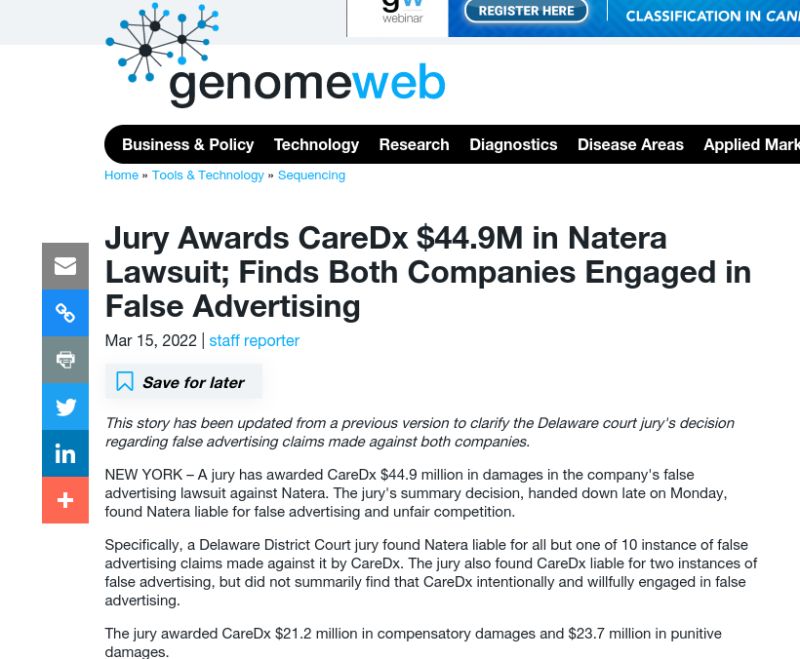 Natera and CareDx Fined Millions for False Advertising Associated with Inappropriate Marketing for Testing