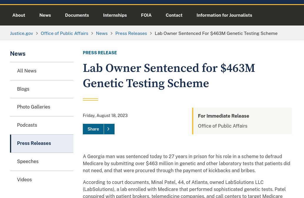 Lab Owner Sentenced for $463 Million Genetic Testing Scheme